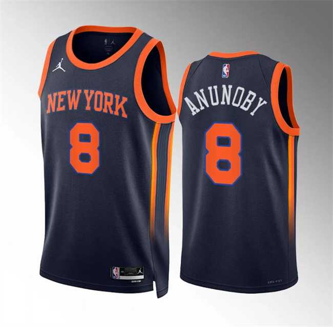 Men's New Yok Knicks #8 OG Anunoby Navy Statement Edition Stitched Basketball Jersey Dzhi